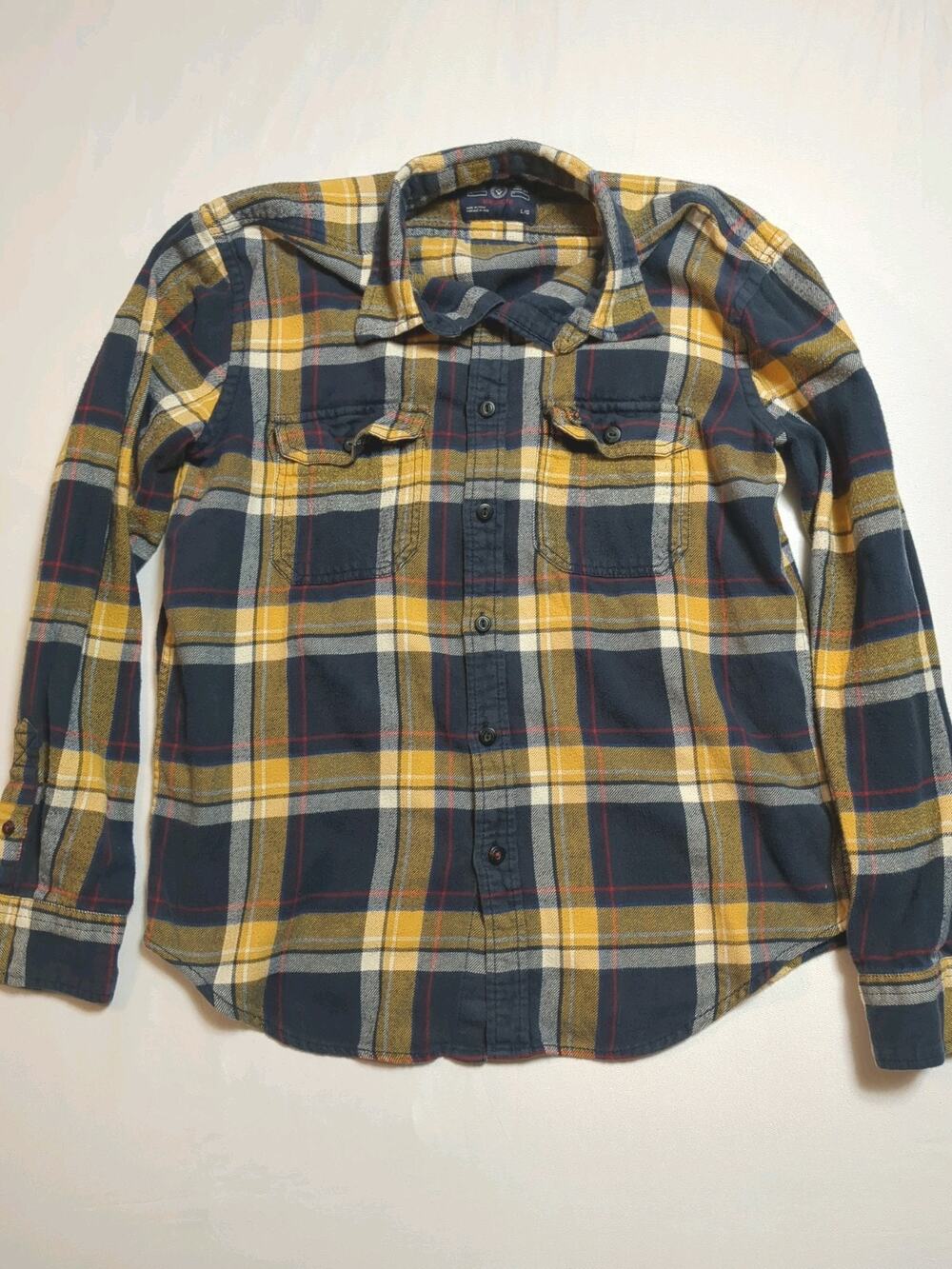 American Eagle Flannel Shirt Mens Large Yellow Navy Blue plaid grunge rock